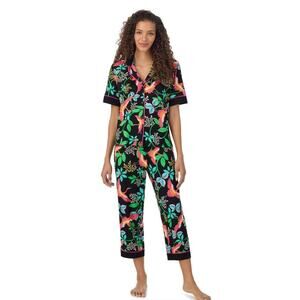 Beauty Sleep Social Pajamas Set Short-sleeve Black Tropical Birds Capri Pant L